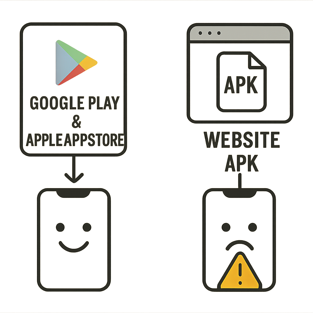 A simple graphic showing two paths: one from a "Google Play Store / Apple App Store" icon leading to a happy phone, and another from a "Website APK" icon leading to a phone with a warning symbol